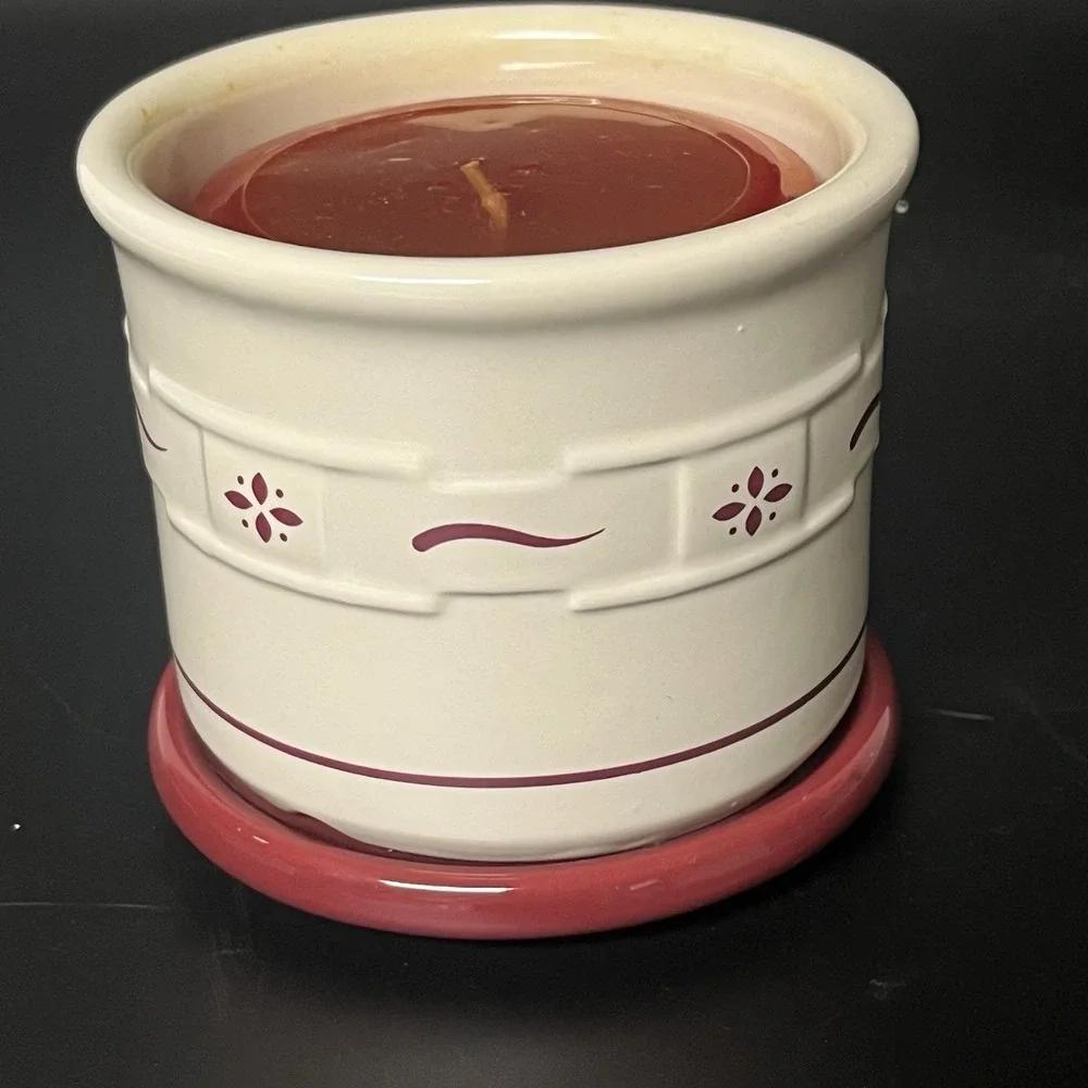 Longaberger Pottery Red Woven Traditions pint Crock, Lid, Coaster & New‎ Candle